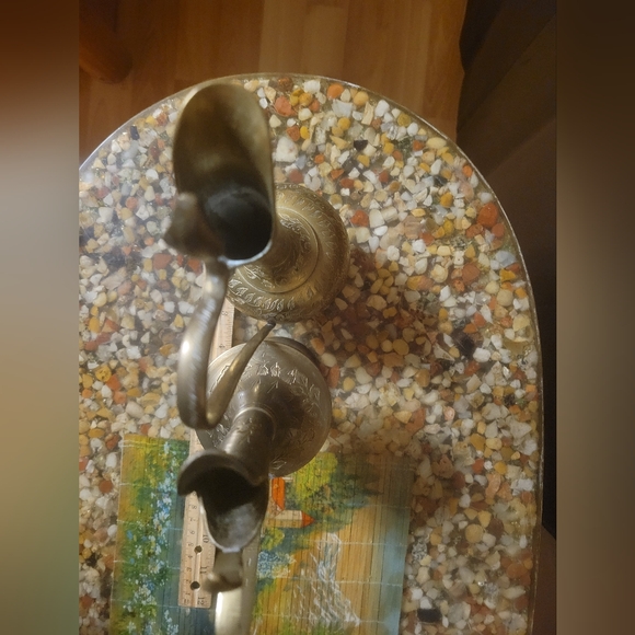 2 Vintage Engraved Brass Pitcher Cruet Vase world gift 10" MCM India tea pot - Picture 6 of 13